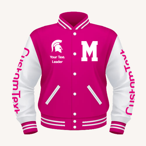 Varsity jacket with full arm text, varsity letter and combined chest text and logo